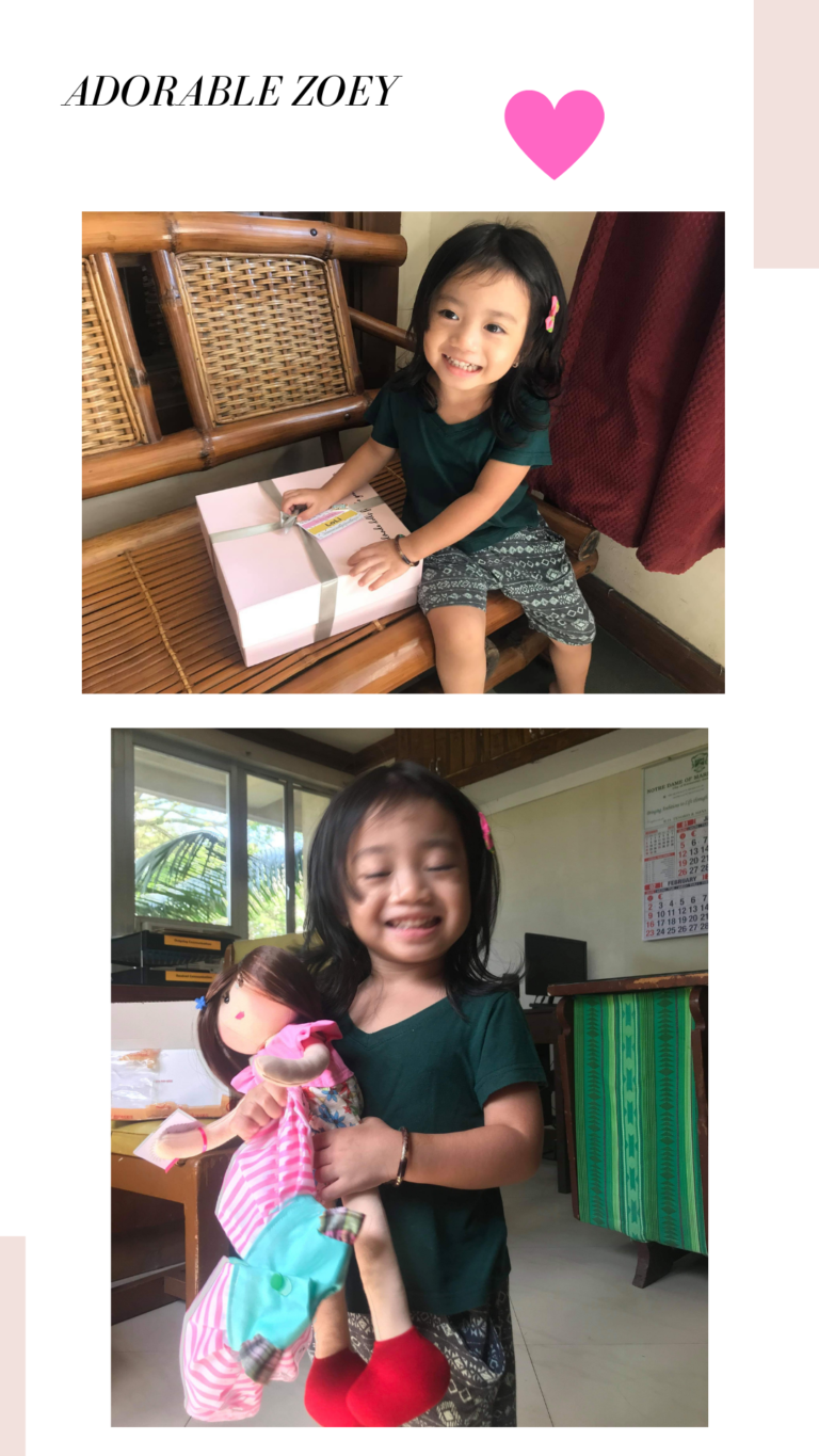 handmade doll and child happy to receive gift